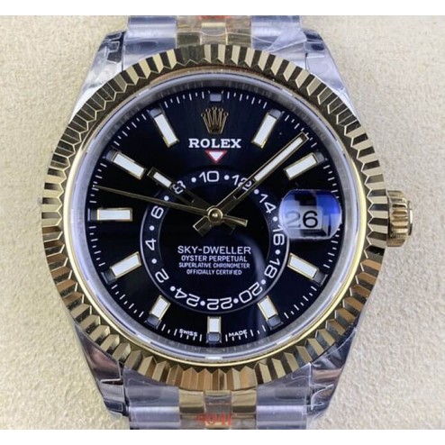 New Genuine Swiss Replica Rolex Sky-Dweller m336933-0004 18K Yellow Gold Two Tone Black Dial 1:1 Mirror SRSK009