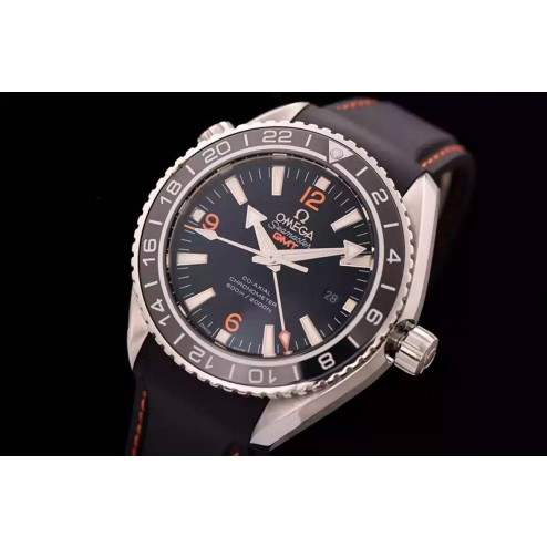 Replica Omega Seamaster Planet Ocean Co-Axial GMT Black Dial Ceramic Bezel Rubber Strap 43.5mm OS104