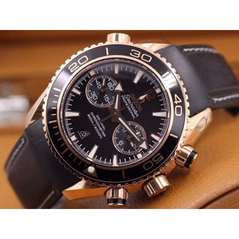 Replica Omega Seamaster Professional Chronograph Watch Rose Gold Case Black Dial Leather Strap 45mm OS112