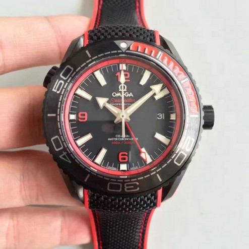 High Quality Omega Planet Ocean GMT Deep Black PVD Case 45.5mm Black with Red Bezel Nylon Strap OS139