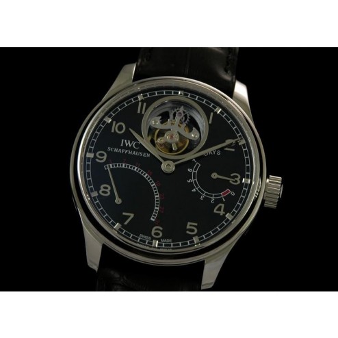 Replica IWC Portuguese Tourbillon Men Watch Black Dial Black Leather Strap Swiss Movement SIW001       