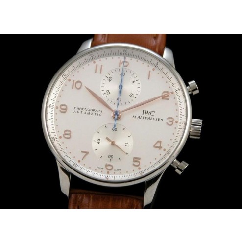 Replica IWC Portuguese Chronograph Men Watch White Dial Brown Strap Swiss Movement SIW011 