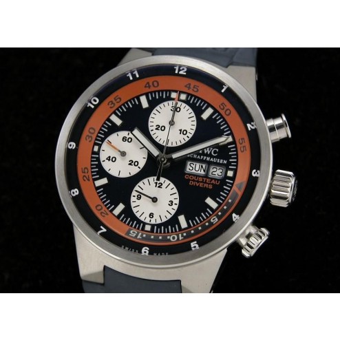 Replica IWC Aquatimer Cousteau Divers Calypso Chronograph Watch Dark Blue Dial Rubber Strap SIW025      