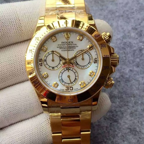 Swiss Replica Rolex Daytona 116528-78598 Yellow Gold Case Mother of Pearl Dial with Diamonds 1:1 Mirror Quality SRDT124