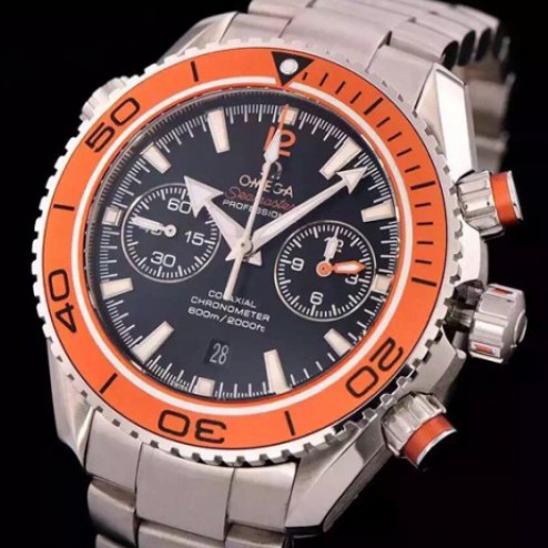 Replica Omega Planet Ocean Chronograph Watch SS Case Black Dial Orange Ceramic Bezel 45.5mm OS114