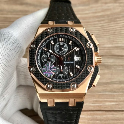 Replica Audemars Piguet Royal Oak Offshore Watch Rose Gold Case Carbon Fiber Bezel 45mm SAPO053 