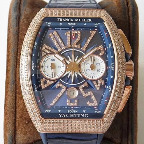 1:1 Mirror Best Replica Franck Muller Vanguard Yachting Watch Diamonds Case Blue Dial Swiss Made SFR049