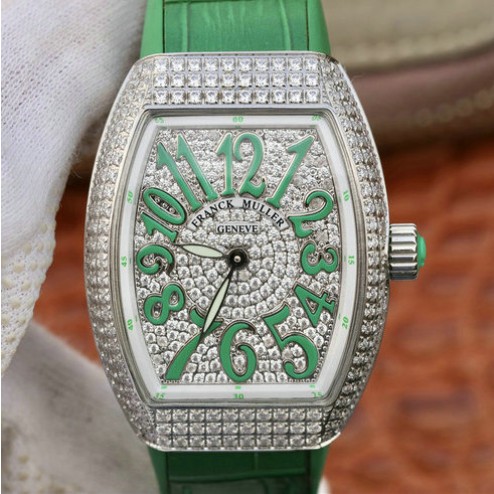 1:1 Mirror Replica Ladies Franck Muller Vanguard Diamond Case and Dial Green Straps Swiss Made SFR104