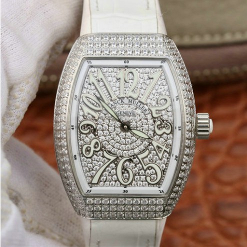 1:1 Mirror Replica Ladies Franck Muller Vanguard Diamond Case and Dial White Straps Swiss Made SFR106