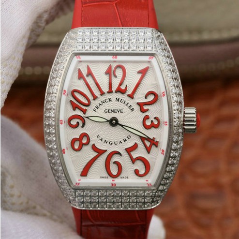 1:1 Mirror Replica Ladies Franck Muller Vanguard Diamond Case White Dial Red Straps Swiss Made SFR107