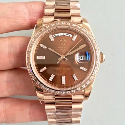 New Swiss Made Rolex Day-Date II 218399 Rose Gold Case Chocolate Dial Diamonds Bezel 1:1 Mirror Quality SRDD004