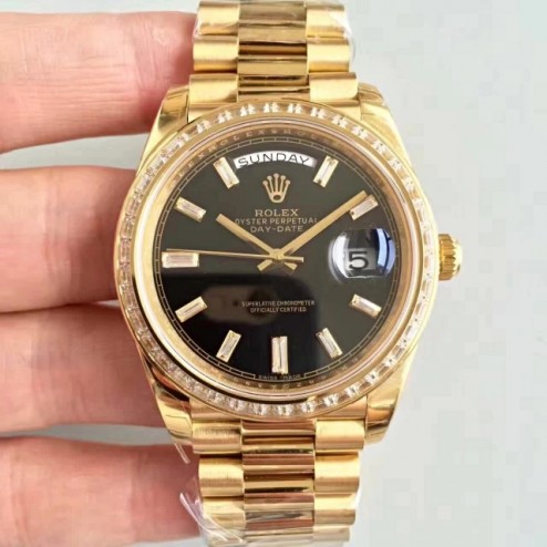 New Swiss Made Rolex Day-Date II 218399 Yellow Gold Case Black Dial Diamonds Bezel 1:1 Mirror Quality SRDD006
