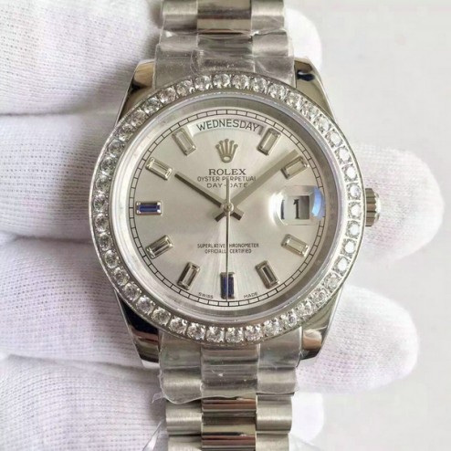 New Swiss Made Rolex Day-Date II Silver Dial with Diamonds Bezel 1:1 Mirror Quality SRDD008