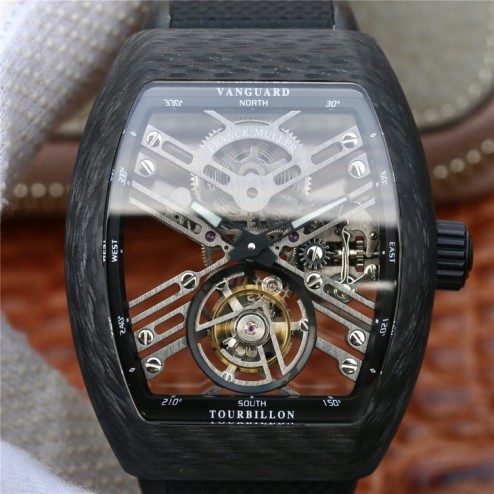 Best 1:1 Mirror Replica Franck Muller Vanguard Tourbillon Skeleton Watch Carbon Case Swiss Movement SFR022
