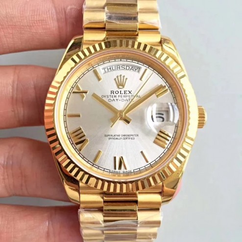New Swiss Made Rolex Day-Date II 228238 Yellow Gold Case Silver Dial Fluted Bezel 1:1 Mirror Quality SRDD140