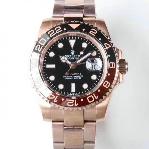 1:1 Mirror Replica Rolex GMT Master II 126715CHNR Black Dial Rose Gold Genuine Swiss Watch SRGM019