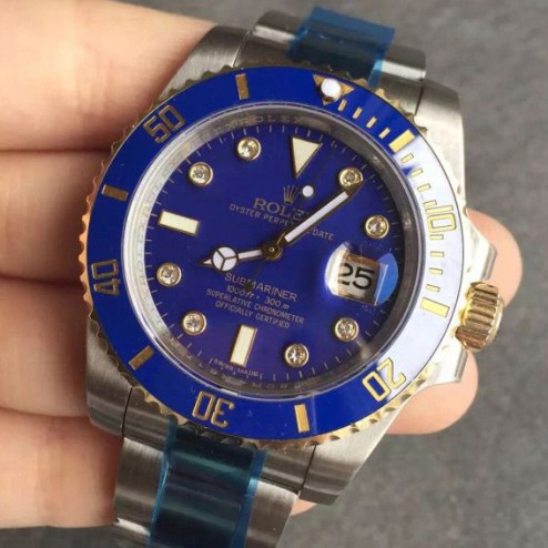 Swiss Made New Replica Rolex Submariner 1:1 Mirror 116613 Blue Dial with Diamonds Two Tone Watch SRS102