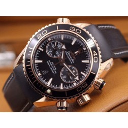 Replica Omega Seamaster Professional Chronograph Watch Rose Gold Case Black Dial Leather Strap 45mm OS112
