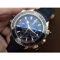 Replica Omega Seamaster Planet Ocean Chronograph Watch Rose Gold Case Rubber Strap Ceramic Bezel 45mm OS118