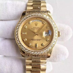 New Swiss Made Rolex Day-Date II 18K Yellow Gold Case Gold Dial with Diamonds 1:1 Mirror Quality SRDD130