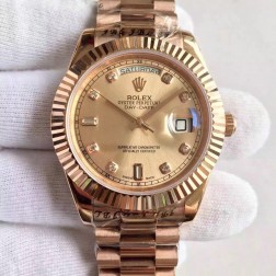 New Swiss Made Rolex Day-Date II Rose Gold Case and Dial with Diamonds Fluted Bezel 1:1 Mirror Quality SRDD135