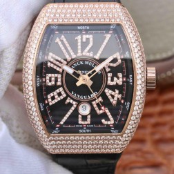 Best 1:1 Mirror Replica Franck Muller Vanguard Yachting Watch Diamonds Rose Gold Case Black Dail SFR037